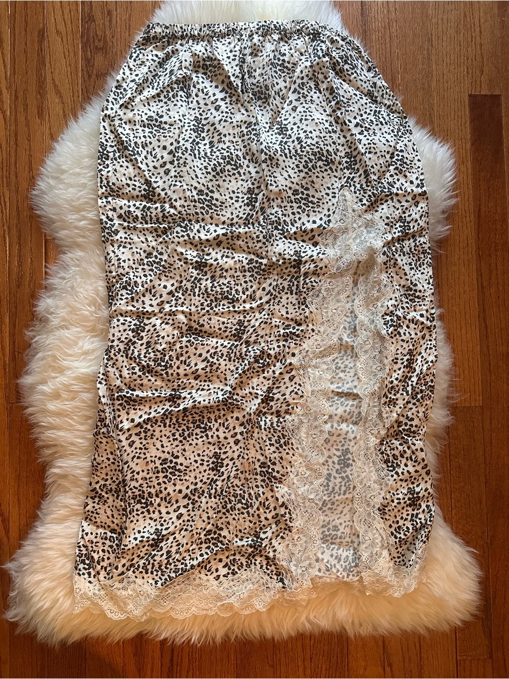 aerie Cream and Black Leopard Lace-Trim Midi Skirt